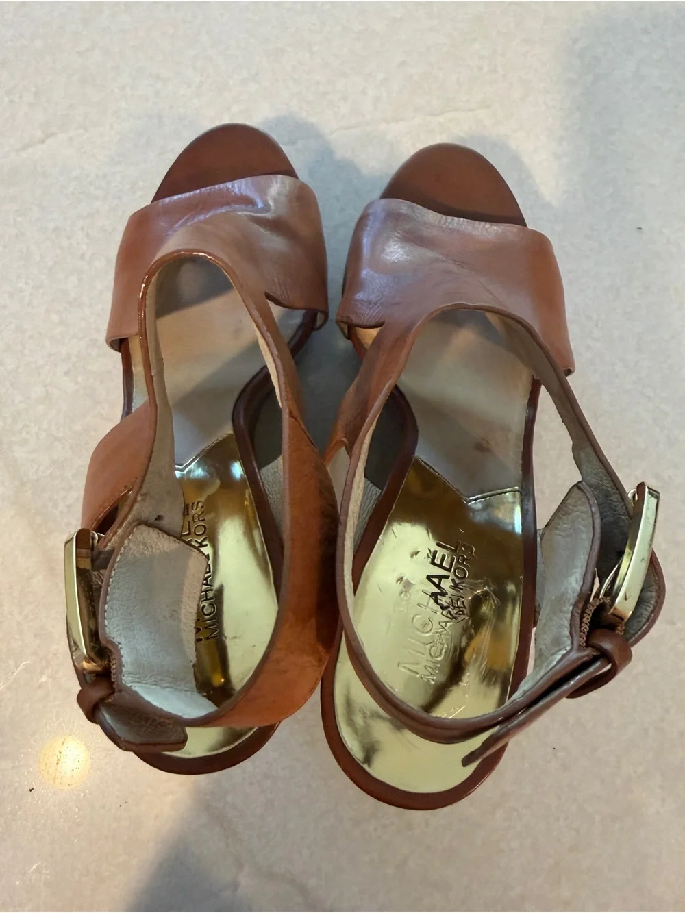 Michael Kors Cognac Leather Cutout Wedge Sandals with Gold Buckle